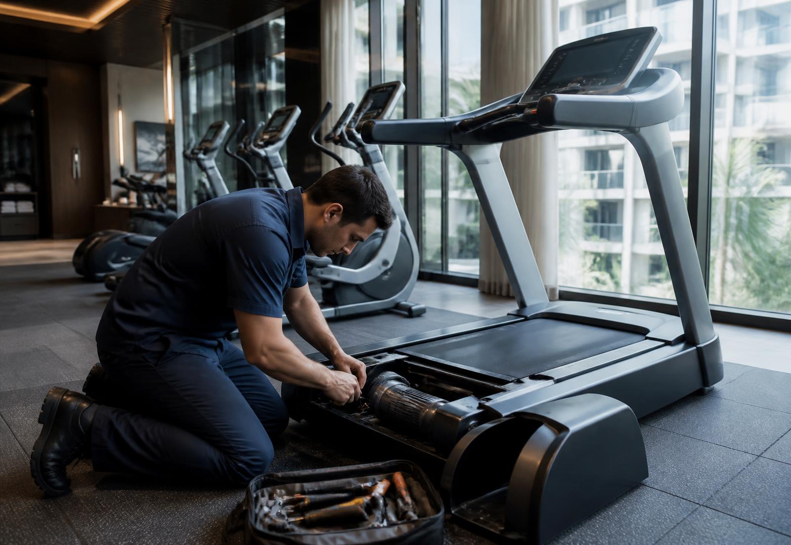 Technician servicing a commercial treadmill in a fitness center
